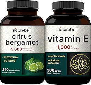 Nature Bell Vitamin E Oil Softgels, 1000iu Per service & Citrus Bergamot Veguge Vegules 5,000 mg 等效包包 易吸收 高抗氧化剂水平