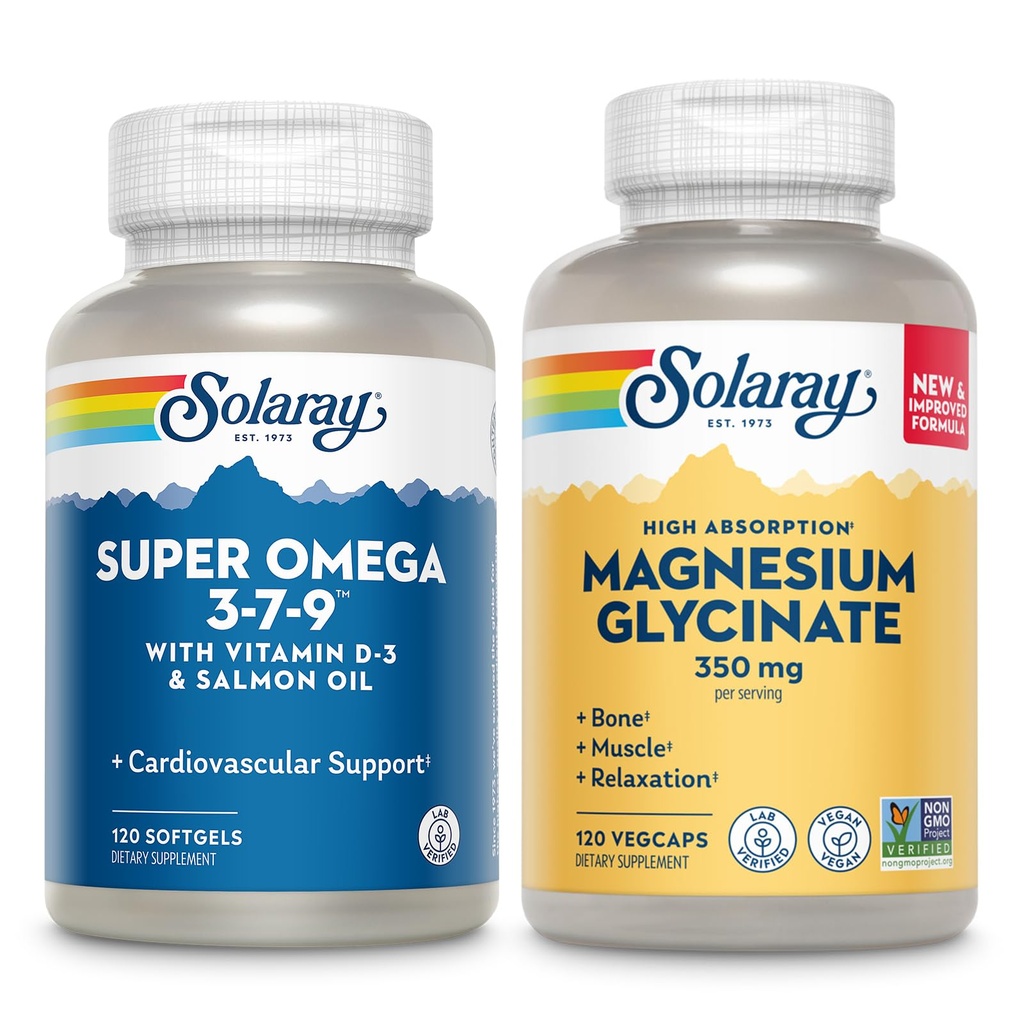 SOLARAY Super Omega 3, 7, 9 和 甘油酸镁包 - 基本脂肪酸和甘油酸铬,用于健康心脏,骨骼和放松支持 - 120 Softgel, 275 Veg Caps