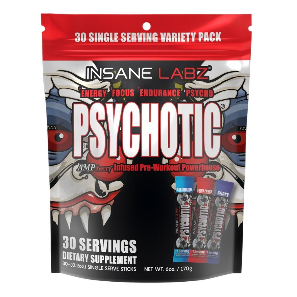 Insane Labz Psychotic, High Stimulant Pre Workout Powder, Extreme Lasting Energy, Focus and Endurance with Beta Alanine, Creatine Monohydrate, DMAE, 30 Srvgs, Variety
