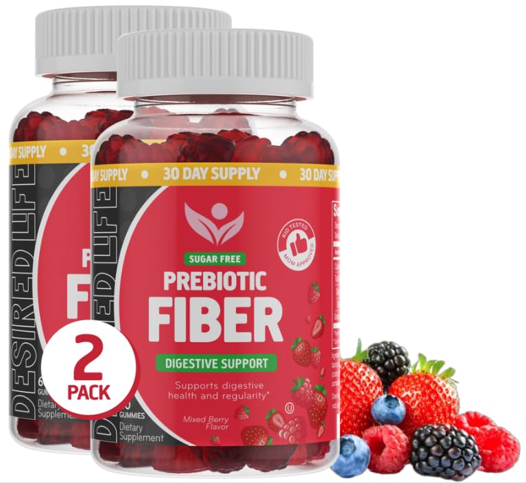 Prebiotic Fiber Gummies for Adults and Kids – 4g Sugar Free Natural Berry Flavored Gummies - Supports Digestive Health and Metabolism. (60 Count/Pack of 2)