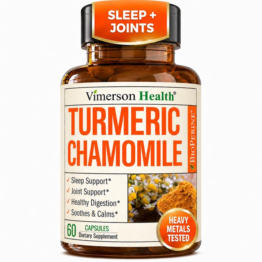 Turmeric Supplement & Chamomile Capsules for Sleep - 有机Turmeric Sleep Supplement with Chamomile Flowers Extraction (Manzanilla) - 放松与压力支持 - 联合与消化健康. 60 Capsules