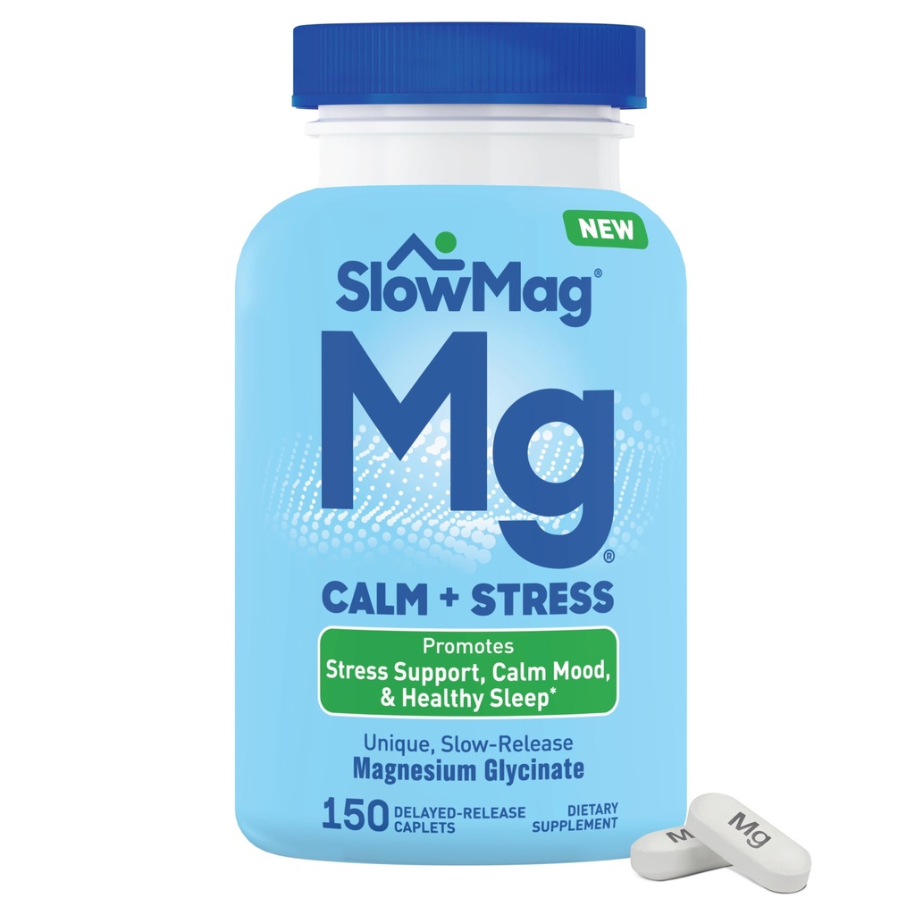 SlowMag Magnesium Glycinate Caplets, 150 Count, Slow-Release, Calm & Stress Support, Healthy Sleep, Gentle on Stomach, Chelated Magnesium Glycinate Supplements for Women & Men