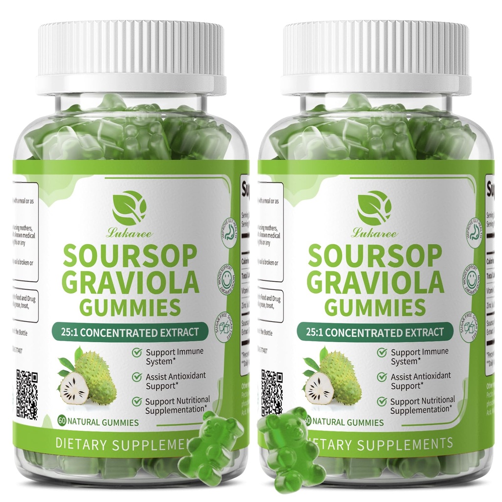 (2 Pack) Soursop Graviola Gummys - Soursop Leaves 提取w/维生素C,锌和全天然食品豁免,活体,Zzz和抗氧化剂,Gluten Free, Vegan, 120 Gummys.