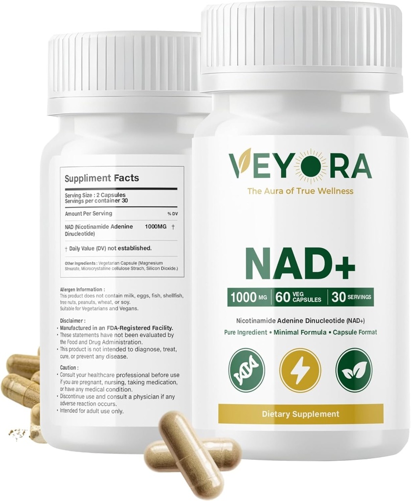 NAD+ 1000 mg Capsules | 60 Vegan Capsules | Nicotinamide Adenine Dinucleotide (NAD+) Formula | Dietary Supplement | Non-GMO | Gluten-Free | Made for USA