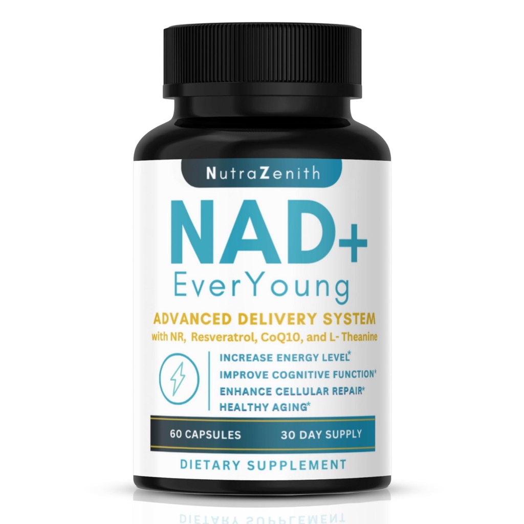 NAD+ Supplement with Nicotinamide Riboside (NMN Alternative), CoQ10 & Resveratrol – 60 Capsules for Healthy Aging Support, Energy Boost & Cognitive Function Enhancement – Cellular Renewal & Vitality
