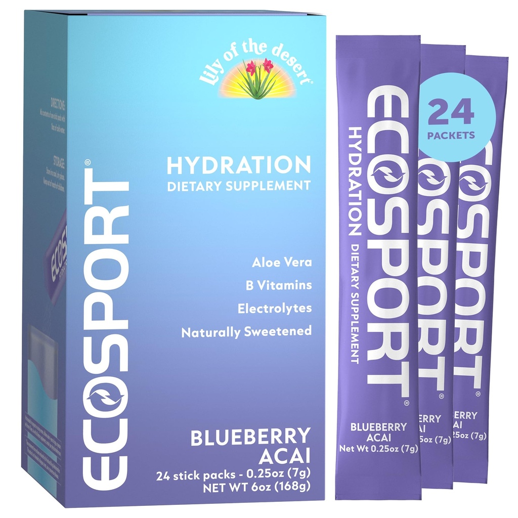 Lily of the Desert EcoSport Instant Hydration Packets - Naturally Sweetened with Electrolytes, Vitamin C, B Vitamins & Aloe, Blueberry Acai, 24 Count, 0.25 Oz Ea