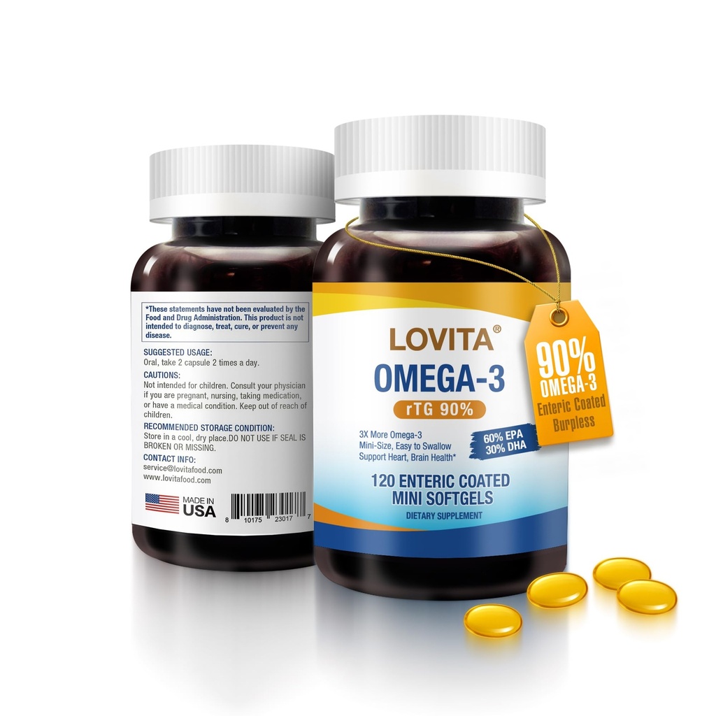 LOVITA Omega-3 Fish Oil 2000mg Supplement for Men and Women, 120 Mini Softgels, High Absorption rTG with EPA & DHA, Burpless Enteric-Coated, Non-GMO, Supports Heart Brain Eye Health, 30 Day Supply