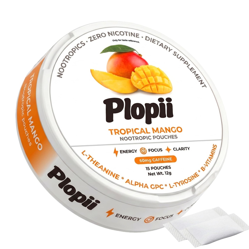 Plopii Caffeine Focus & Energy Nootropic Pouches | Alpha GPC, L-Theanine, L-Tyrosine, Ginseng, Vitamin B6 + B12 | No Jitters, No Crash | Tobacco-Free, Nicotine-Free (Tropical Mango)