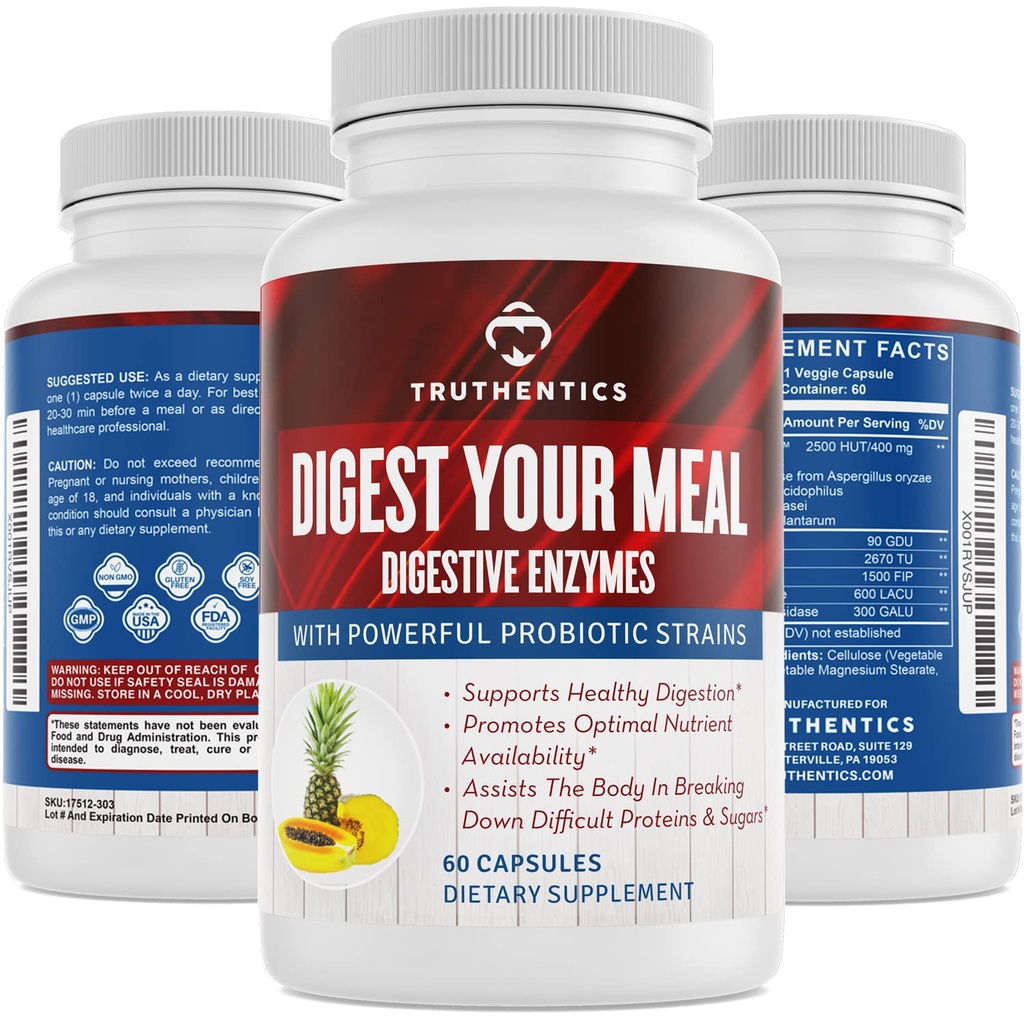 TRUTHENTICS Digestive Enzymes Plus Probiotics & Prebiotics with Bromelain, Lactase, Galactosidase, Acidophilus - Vegan Digestion Aid, Constipation Bloating & Gas Relief for Men & Women - 60 Capsules