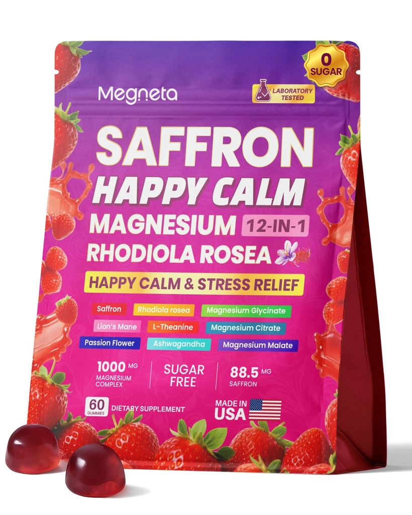 Magnesium Glycinate Gummies for Adults, Saffron Gummies with Rhodiola, L-Theanine & Ashwagandha - 21-in-1 Formula for Mood and Muscle Support, Stress Relief, Calm & Relaxation - Sugar-Free, 60 Count