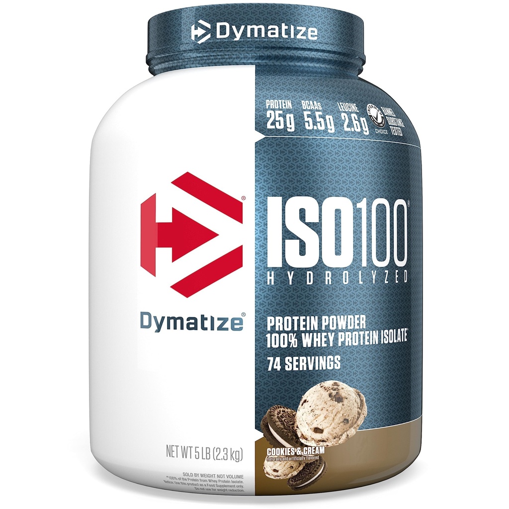 Dymatization ISO100 Whey蛋白蛋白粉隔热酶,饼干和奶油,蛋白质25g,5英镑,5.5g BCAAs,小于120 Cal.,Gluten Free,1g Fat,1g Sugar,2g Carb(74 services)