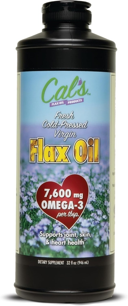 Cal's Flax Oil, Cold Pressed Flax seed, High in Omega 3 Fatty Acid, Unrefined Flax Seed Oil, Pure Flax Seed Oil Liquid Supplement for Joint, Skin, and Heart Health Support - 32 oz