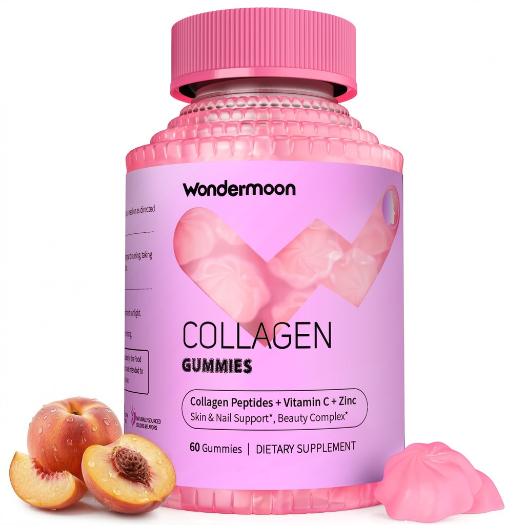 Wondermoon Women’s Collagen Gummies with Vitamin C, Biotin & Zinc – Daily Nutritional Support – Hydrolyzed Collagen Peptides, Peach Flavor, Plant-Based, 60 Gummies