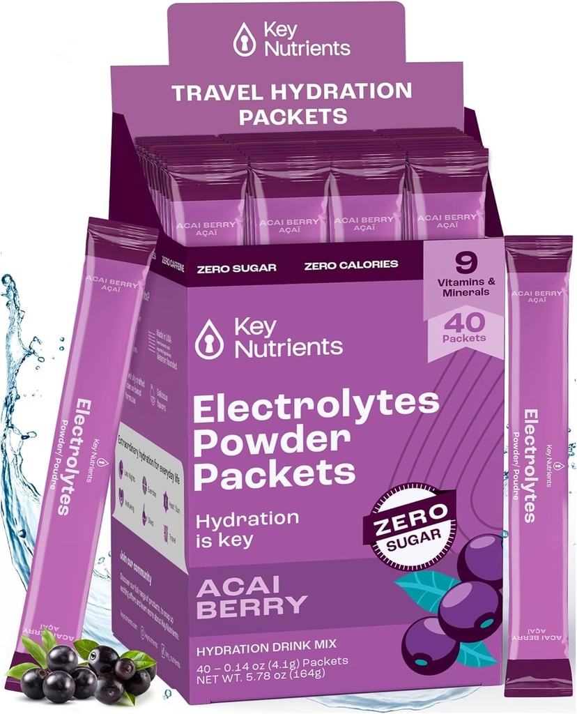 关键NUTRINES 多维他命 电解片 粉末包 - 美味 Acai Berry 40 Pack 水解包 - 旅行 水解粉 - 无糖,无卡路里, Gluten Free - 在美国制造