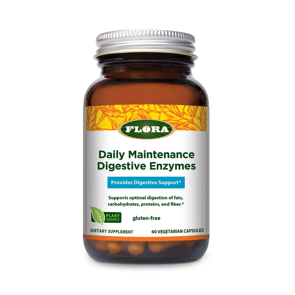 Flora Daily Maintenance Digestive Enzymes - Contains 7 Enzymes for Digestive Health Support - Aids Gas & Bloating - Non-GMO & Gluten-Free - 60 Vegetarian Capsules