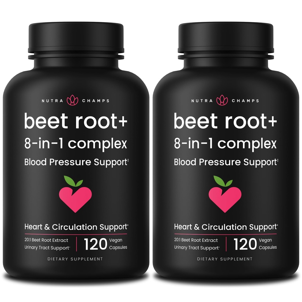 Blood Pressure Support Supplement, 8-in-1 Beet Root Capsules for Healthy Circulation, Heart Health & Energy – Hawthorn Berry, Hibiscus, Garlic & Grape Seed - Beet Juice Alternative - 240 Capsules