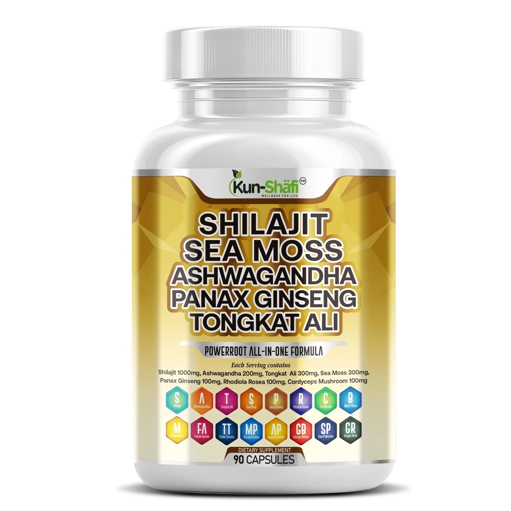 Shilajit Complex – Sea Moss, Tongkat Ali, Ashwagandha, Ginseng, Zinc, CoQ10, PQQ & Magnesium – Fulvic Acid Capsules for Energy, Vitality & Performance with Panax Cordyceps – 90 Capsules