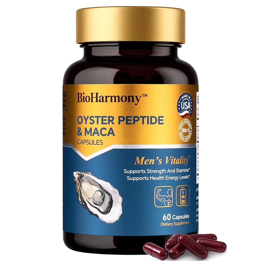 BioHarmony Oyster Peptide & Maca Capsules for Men – Oyster Peptide 300mg + Maca Extract 300mg+ L-Citrulline 140mg – Supports Energy, Stamina & Male Health– with Zinc & Selenium – 60 Capsules