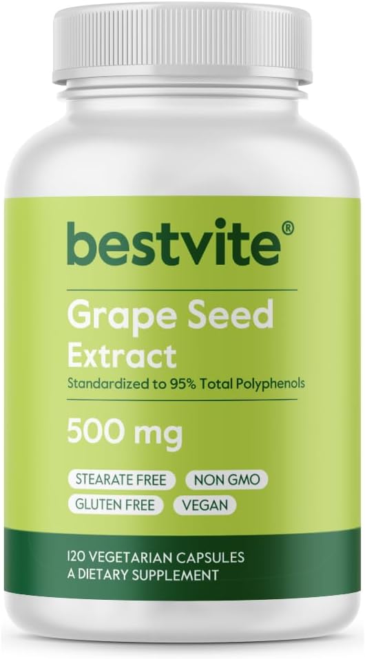 BESTVITE 葡萄种子提取500mg(120个植物卡普尔) - 无 Stearates - 标准化到95%的多酚