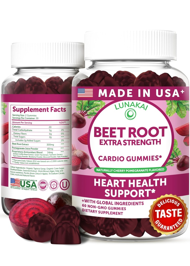 Lunakai 美国用抗氧化剂混合剂制造了甜菜根(Beet Root Gummys) - 美味的N-GMO甜菜,60ct