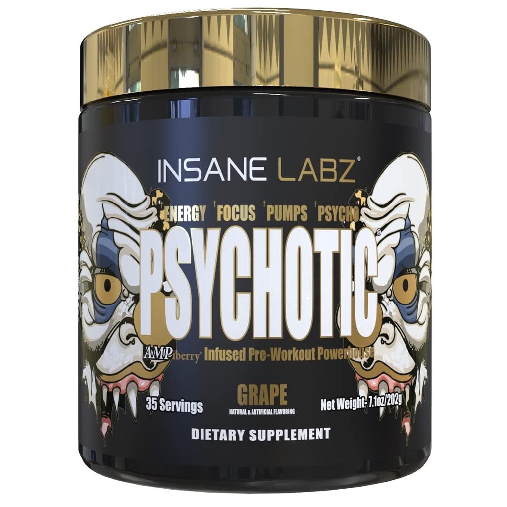 Insane Labz Psychotic Gold, High Stimulant Pre Workout Powder, Extreme Lasting Energy Focus, Pumps and Endurance with Beta Alanine, DMAE Bitartrate, NO Booster (35 Servings, Grape)