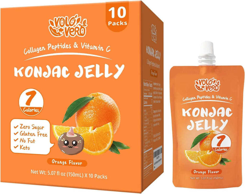 Konjac Jelly Pouch 饮用橙色Flavor, 低卡路里( 7 Kcal), 10 Packs, Gluten Free, Keto, 免糖, 低卡布, 维生素C 健康果汁, 假日礼物