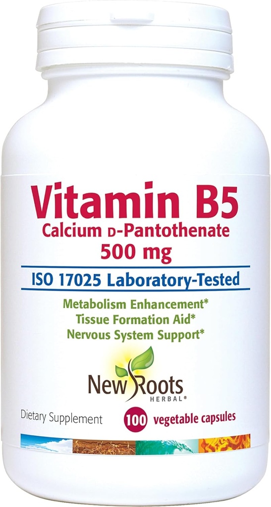新ROOTS HERBAL 维生素B5(500mg),配有钙  维生素B5 Pantothenic Acid Supplement(100 Capsules)