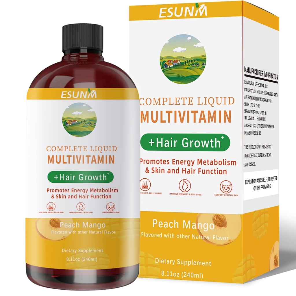 ESUNM Complete Liquid Multivitamin + Hair Growth, Promotes Energy Metabolism& Skin and Hair Function| Vitamin C D | B Vitamins | Help to Thicker Hair, Wrinkles, Fine Lines, Skin Care