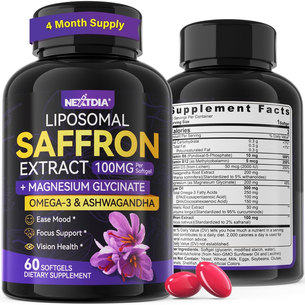 Nextdia Saffron Supplements - 100mg Liposomal High Absorption 100% Pure Saffron Extract with Magnesium Glycinate, Omega-3, Turmeric, Ashwagandha, Vitamin B6, B12, D3 for Mood, Brain - 120 Softgels.