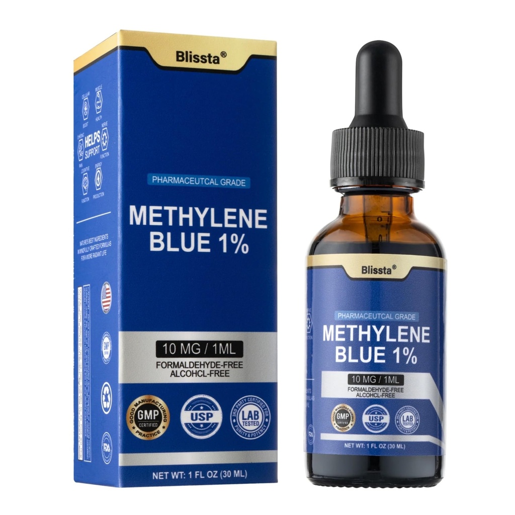 USP Pharmaceutical Grade Methylene Blue 1% Solution – Third-Party Lab Tested, Formaldehyde-Free, Heavy Metal Free –Nootropic - Cognitive Support, Brain Health, Energy & Focus Drops – 30ml