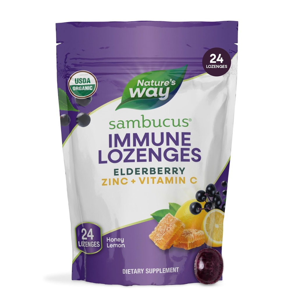 自然之道 Sambucus Zinc Lozenges 配有 长老莓和维生素C 蜂蜜柠檬火焰 24 Lozenges