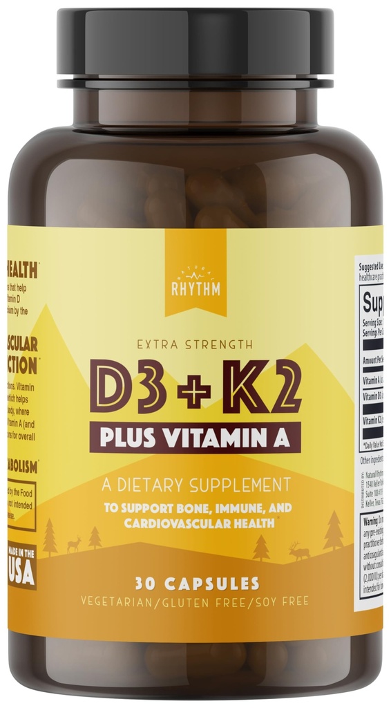 自然节奏 维生素D3 + K2(MK7)+维生素A,用于骨,心,和免疫健康,30卡普勒