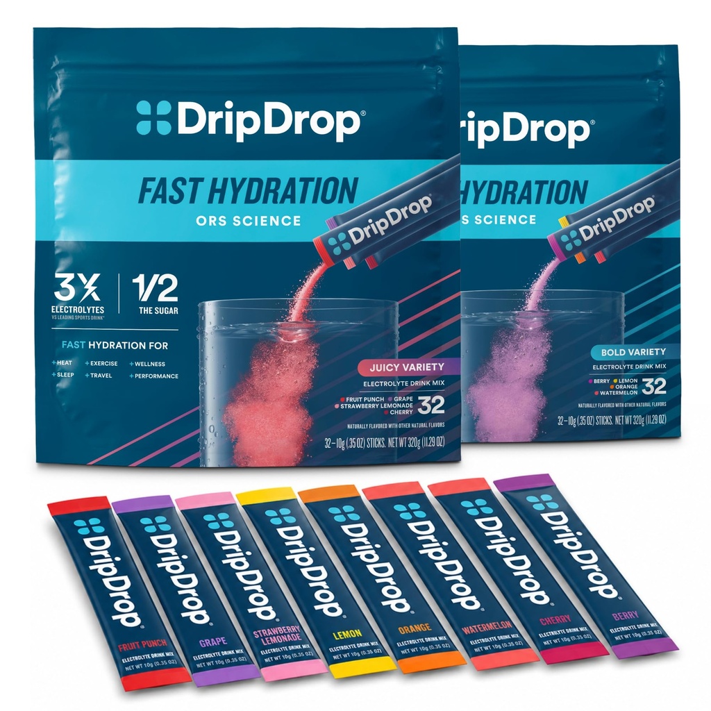 DripDrop水利 - 电解质粉包 - 西瓜,贝里,柠檬,橘子,水果扑克,葡萄,草莓柠檬,樱桃 - 64 Counter