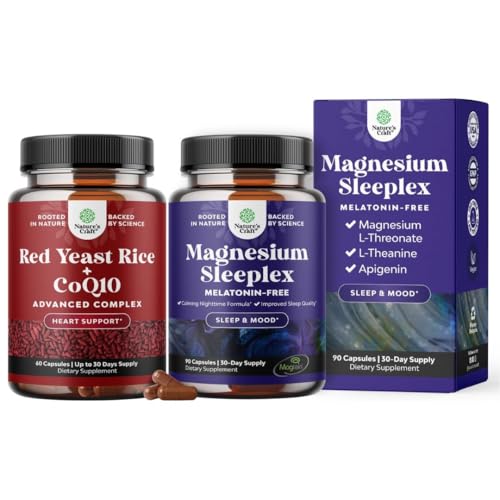 Bundle of Red Yeast Rice with CoQ10 Supplement - Healthy Heart & Healthy Cholesterol Levels Formula and High Absorption Magnesium Sleep - Rest Support Magtein Magnesium L-Threonate Apigenin Theanine
