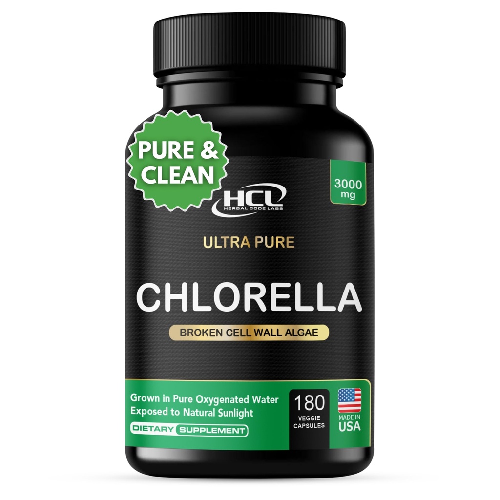 Chlorella Capsules 3000 mg - 裂缝细胞壁蓝绿色藻类补充剂 - 最佳天然排毒清洁剂 - 植物维生素 矿物 氯素 Vegan蛋白粉丸 - 美国制造