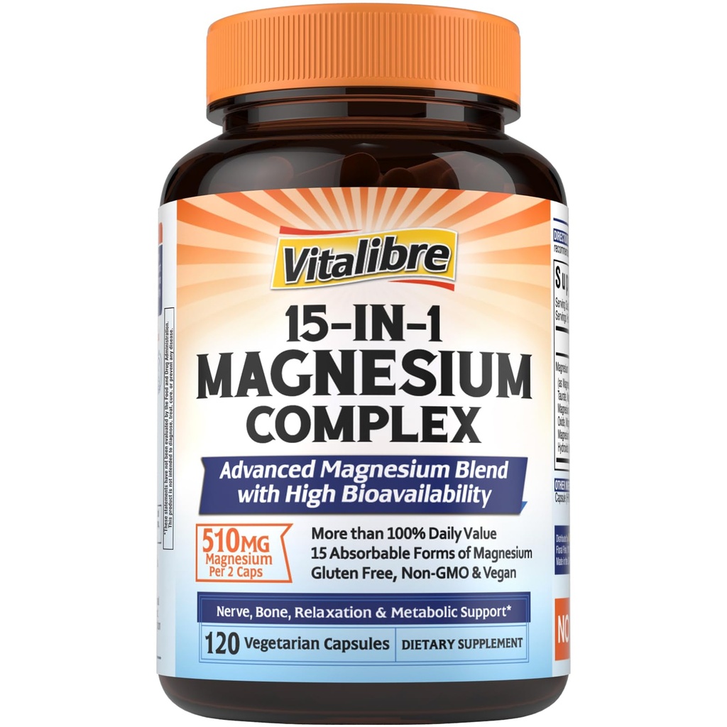 Vitalibre 15 in 1 Magnesium Complex Supplement 510mg | Maximum Absorption Glycinate, Malate, Taurate, Citrate and More for Bones, Heart, Recovery, Energy | Non-GMO, 120 Capsules