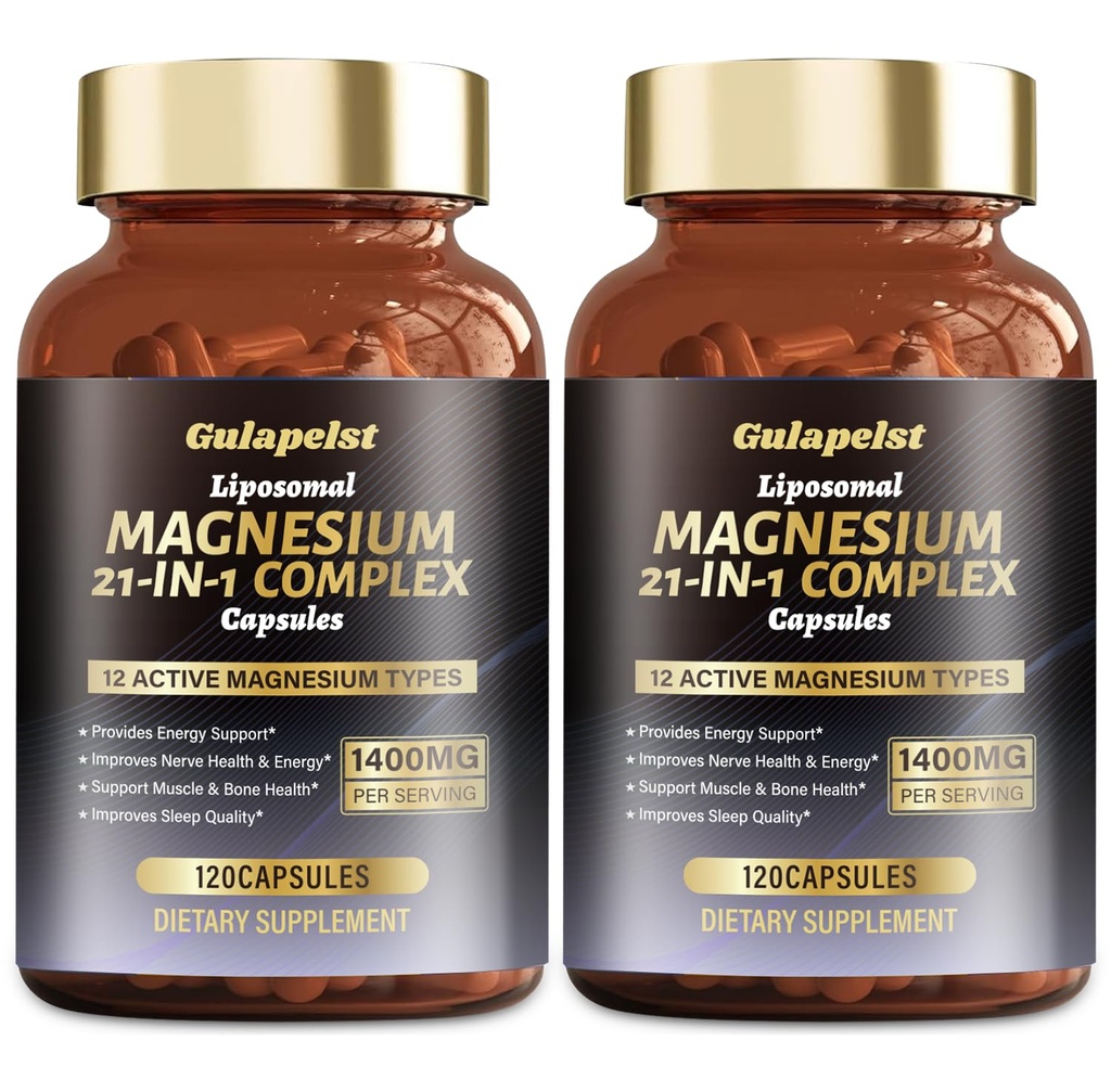 2 Packs Liposomal 1400mg Magnesium Complex (Citrate, Glycinate, Malate etc) Capsule - 12 Active Types Magnesium with Vitamin D3, B6, B12, C, Ashwagandha & CoQ10 for Women & Men -Support Bone & Muscle