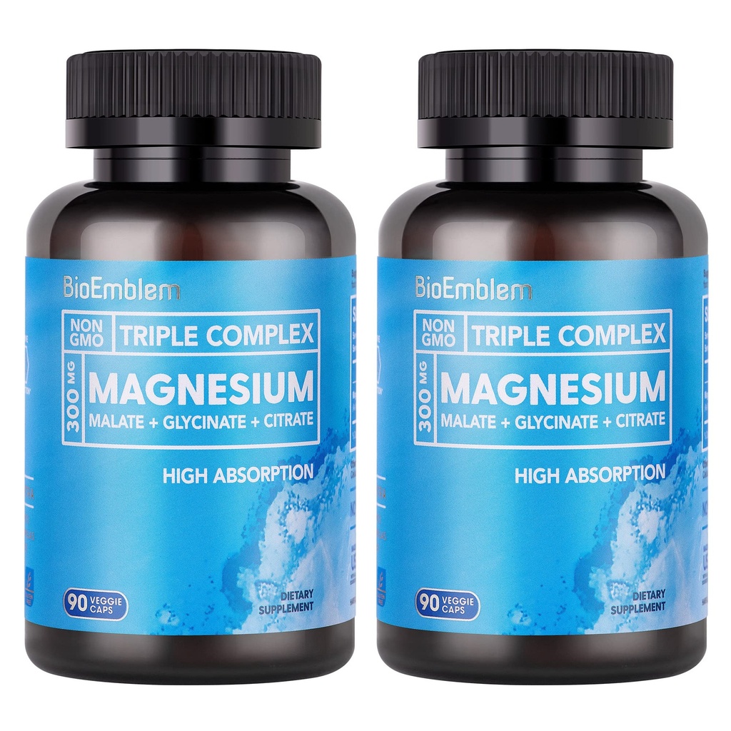 BioEmblem High Absorption Triple Magnesium Complex 300mg | Magnesium Glycinate for Nerves, Malate for Energy, Magnesium Supplement to Support Muscle Health | Vegan, Non-GMO 180 Capsules