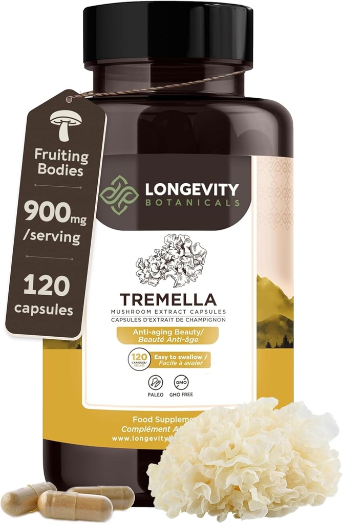 有机Tremella蘑菇 Capsules Supplement(120) QQ 果实体 10:1 高强度雪茄 提取 QQ 10% Beta-D Glucans → 9,000mg 原始等价 Per Service → 皮肤水分和大脑支持