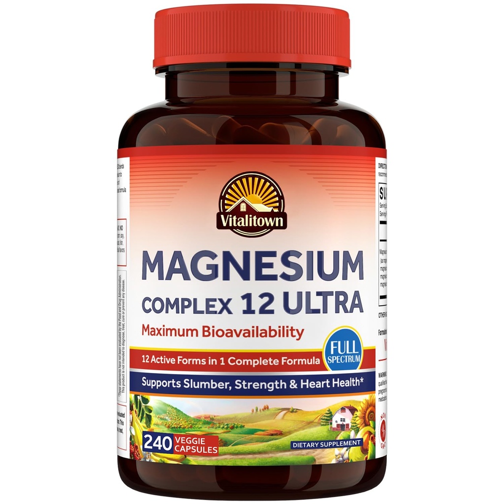 Vitalitown Magnesium Complex Supplement, Magnesium Glycinate, Citrate, Malate, Relaxation, Bone, Heart Health, Chelated, Non-GMO, High Absorption, 240 Capsules