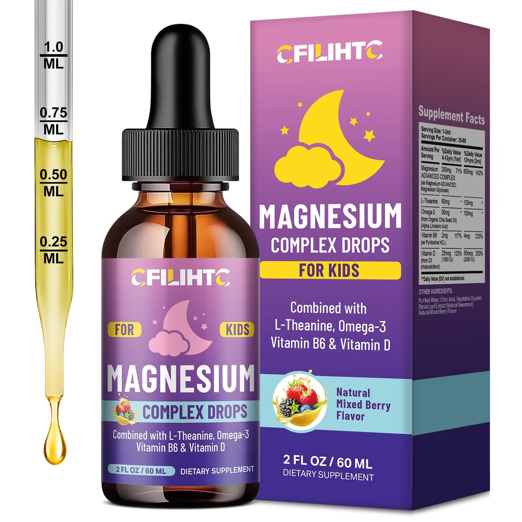 Kids Magnesium Liquid Drops-Magnesium Glycinate Liquid for Kids Supplement-w/L-theanine, Omega-3, Vitamin B6, D3 - for Sleep, Relaxation, Brain, Bones - Mixed Berry Flavor, 2 Fl Oz