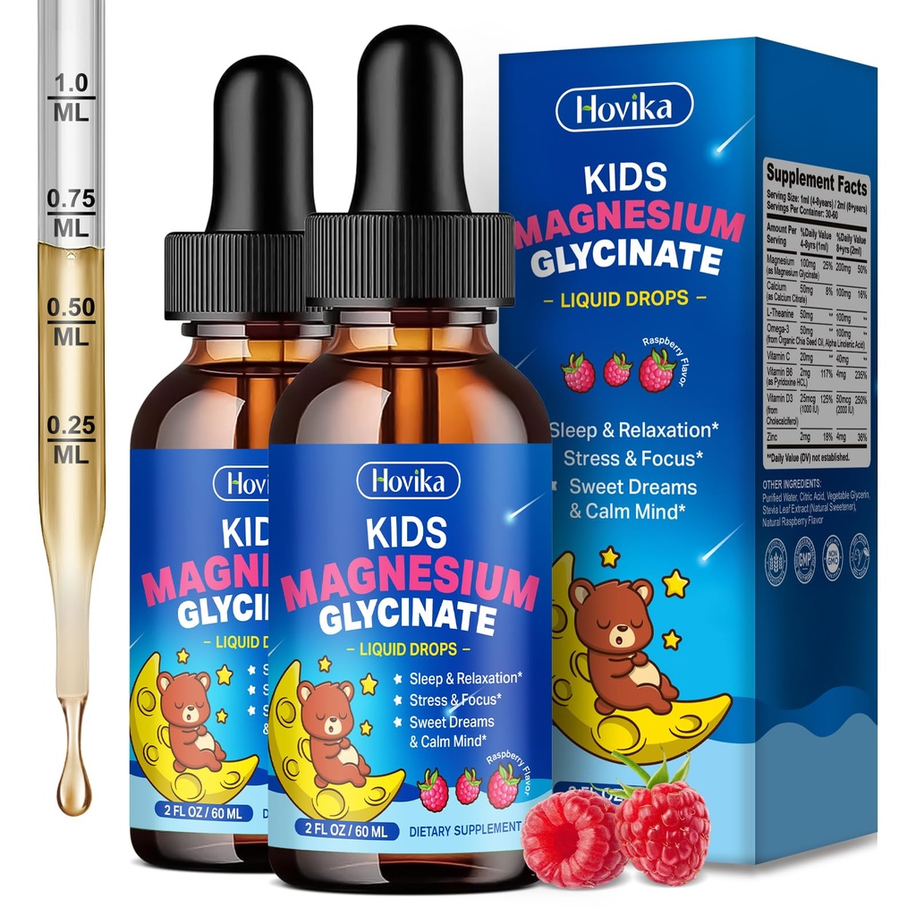 2 Pack Magnesium Drops for Kids - with L-Theanine Omega-3, Vitamin B6, D3, Zinc - Kids Magnesium Glycinate Liquid for Sleep, Relaxation, Calm & Focus - Raspberry Flavor
