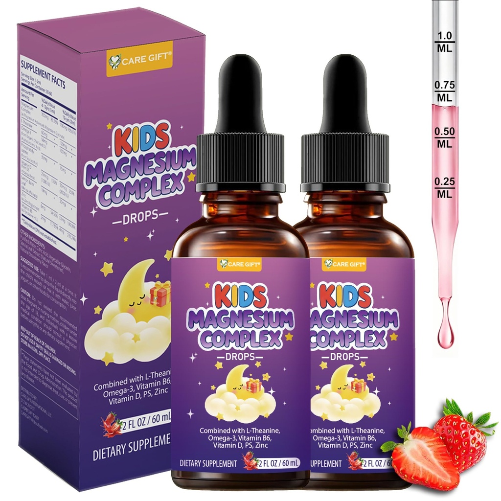 2 Pack Kids Magnesium Liquid Drops -Magnesium Glycinate Liquid for Kids Supplement-w/L-theanine Omega-3 PS Zinc Vitamin B6 D3 for Sleep Relaxation Brain Bones Immunity - 2 Fl Oz, Strawberry Flavor