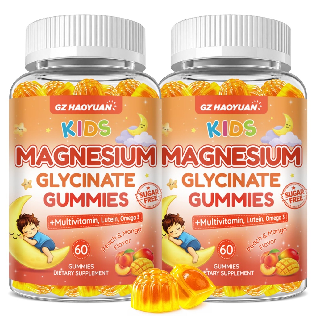 Magnesium Glycinate Gummies for Kids 4+, Sugar Free Peach & Mango, Magnesium Supplement with Multivitamin, Lutein, L-Theanine, Supports Sleep, Stress Relief, Muscle Health, Eye, Calm Mood, 120Cts