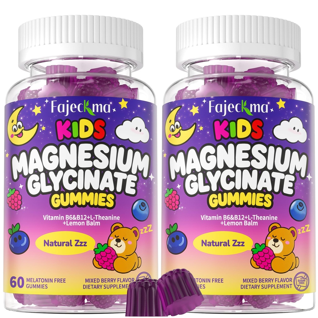 Magnesium Glycinate Gummies for Kids 4+: Sugar Free Chewable Organic Magnesium Gummy with L-Theanine Vitamin B12 B6 D3 Zinc Omega Calcium - Natural Zzz Support Non-GMO Berry Flavor(120Count)