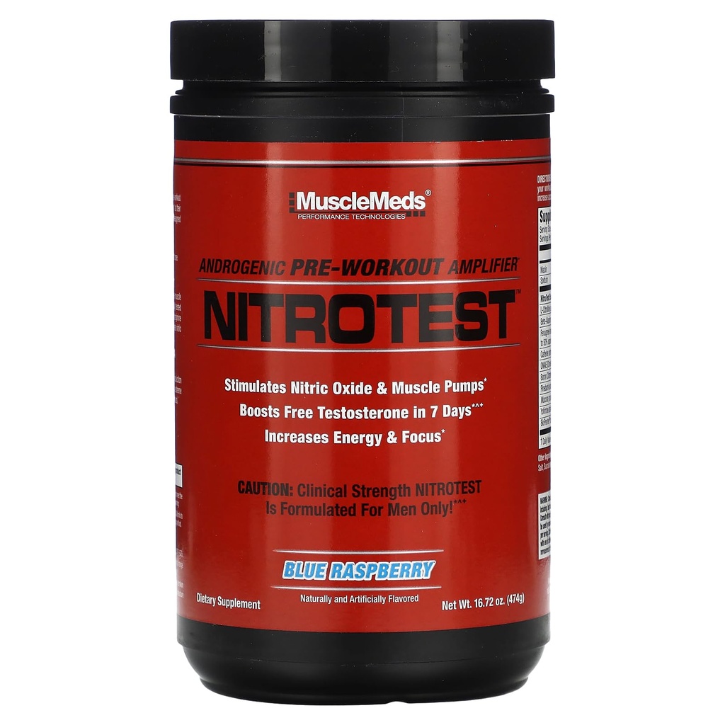 肌肉Meds Nitrotests 工作前补充饮料、奶牛氧化物、Testosterone、Blue Raspberry、30 Service、1.04英镑、1 计数