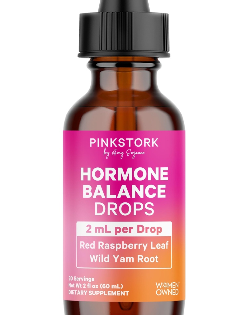 Pink Stork Hormone Balance Drops for Women - Supports Hormonal Health, PMS, Perimenopause & Mood, with Red Raspberry Leaf & Wild Yam - Liquid Supplement - Vegan, 2oz, 30 Servings