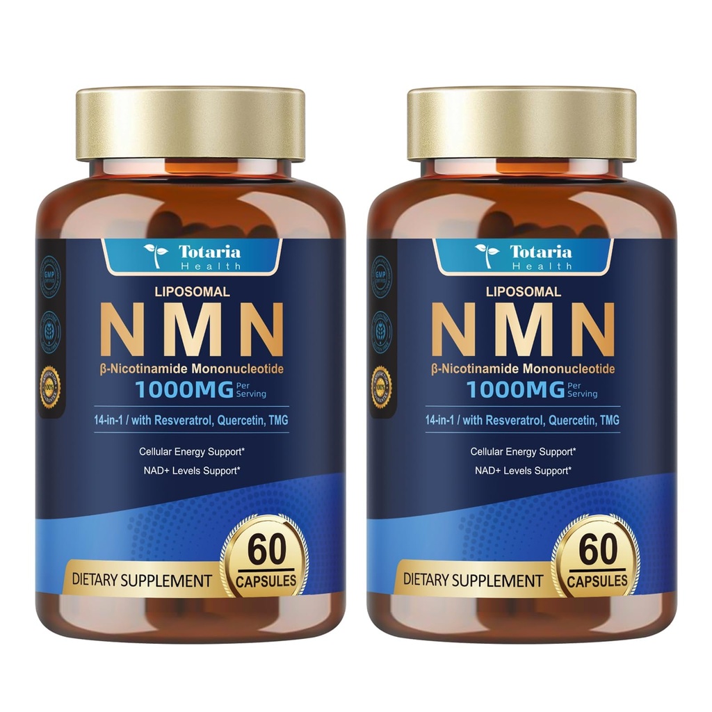 Totaria 14-in-1 Liposomal NMN Supplement 1000mg, 99% Pure NMN Resveratrol Complex with TMG, Quercetin, CoQ10, ALA, PQQ, Support NAD+ Levels, Healthy Aging, Stabilized 120 Veggie Capsules, cGMP