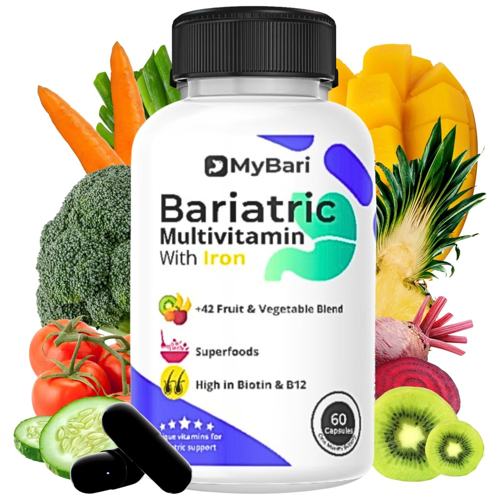 All-in-One Bariatric Multivitamin with Iron - Made in USA - for Men & Women - Supports Gastric Sleeve & Bypass with 42+ Fruit & Veggie Blend - 60 Liquid Capsules