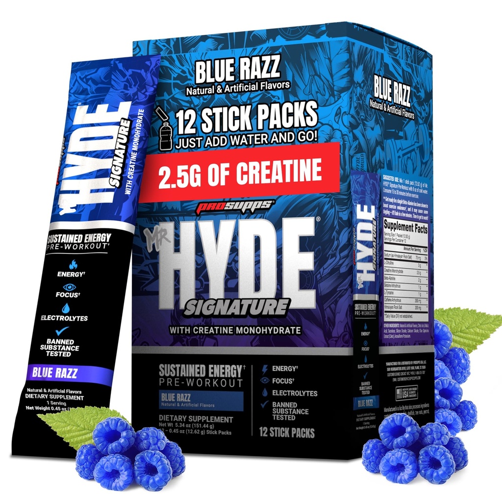 ProSupps Mr. Hyde Signature Pre Workout Drink Mix- Performance, Energy & Endurance with Creatine, Beta Alanine & Caffeine - Clean Gym Supplements for Men & Women (Blue Razz, 12 On-The-Go Packets)